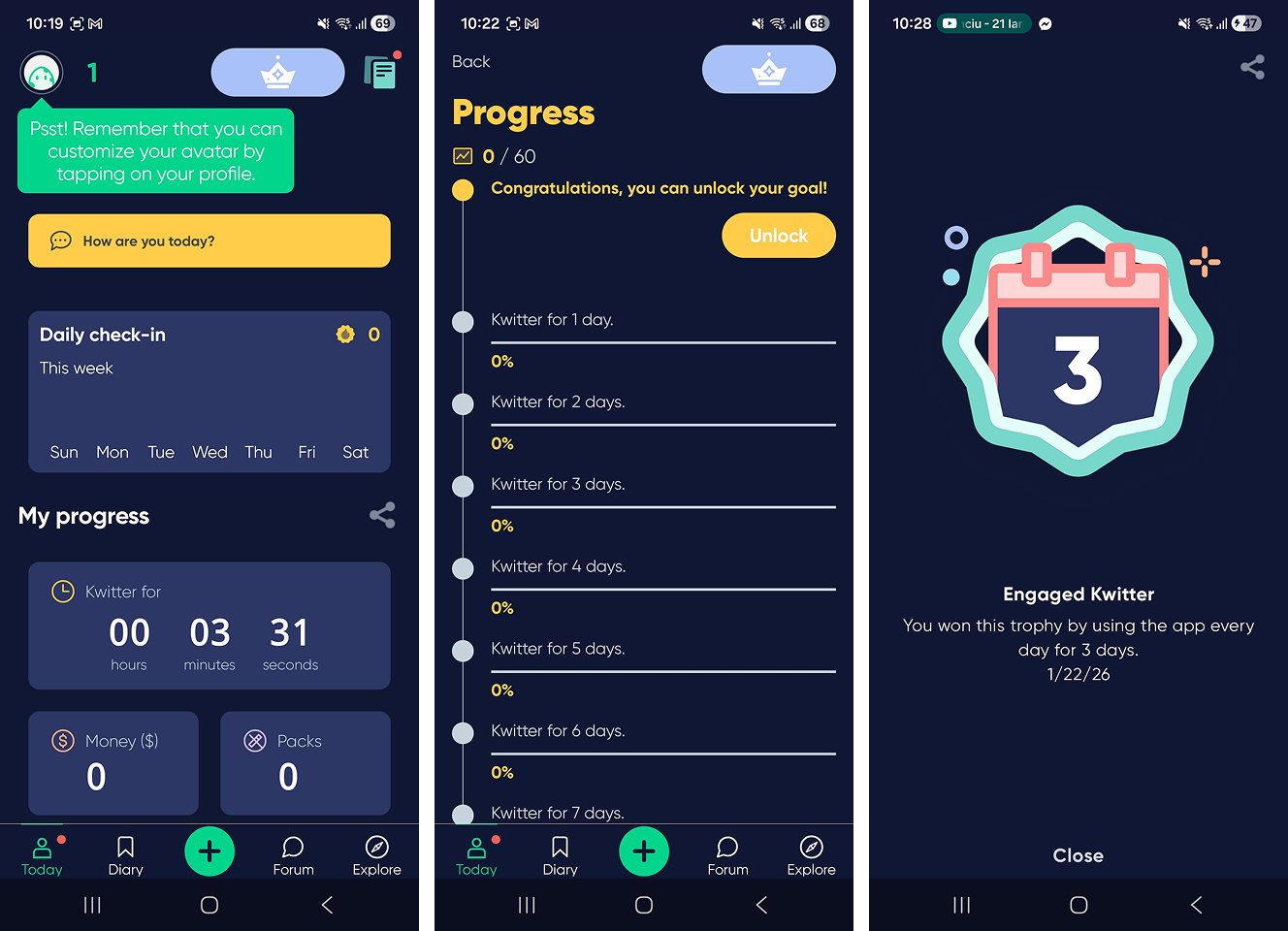 Kwit progress screen